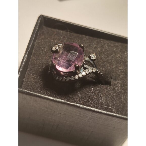 Italian Women's Size 8 Black Rhodium Plated Ring Amethyst & CZ  New with box - Picture 2 of 9
